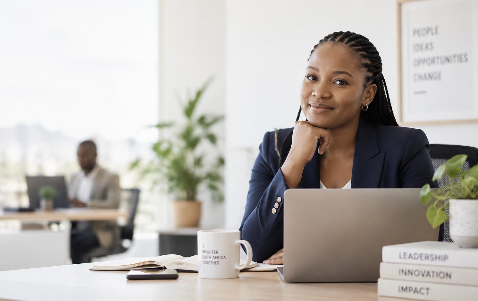 A professional smiling at her desk in a bright, modern office